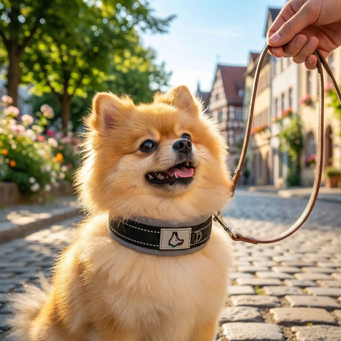 Collier chien rembourré noir sur Poméranien attentif